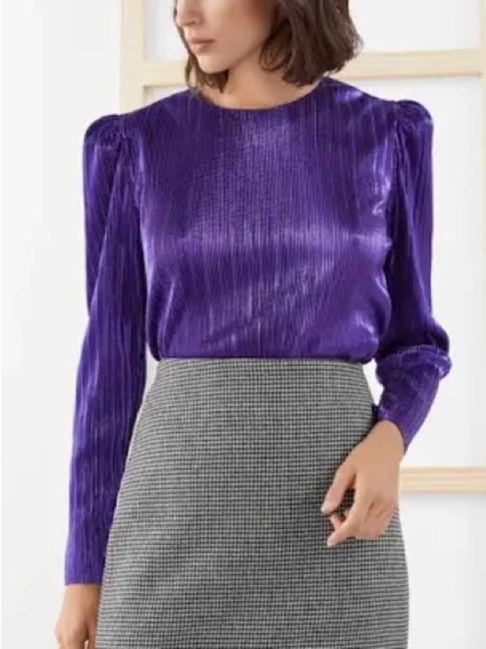 & Other Stories Paris Atelier Purple Metallic Pleated Disco Long Sleeve Top Sz 4